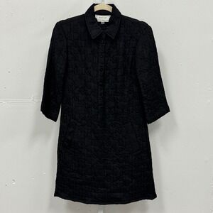 Annelore NYC Black Quilted Silk Blend 1/4 Button Front Shift Mini Dress Size 2